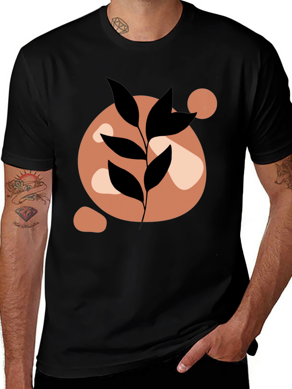 Abstract Leaf Print Black Casual Tee