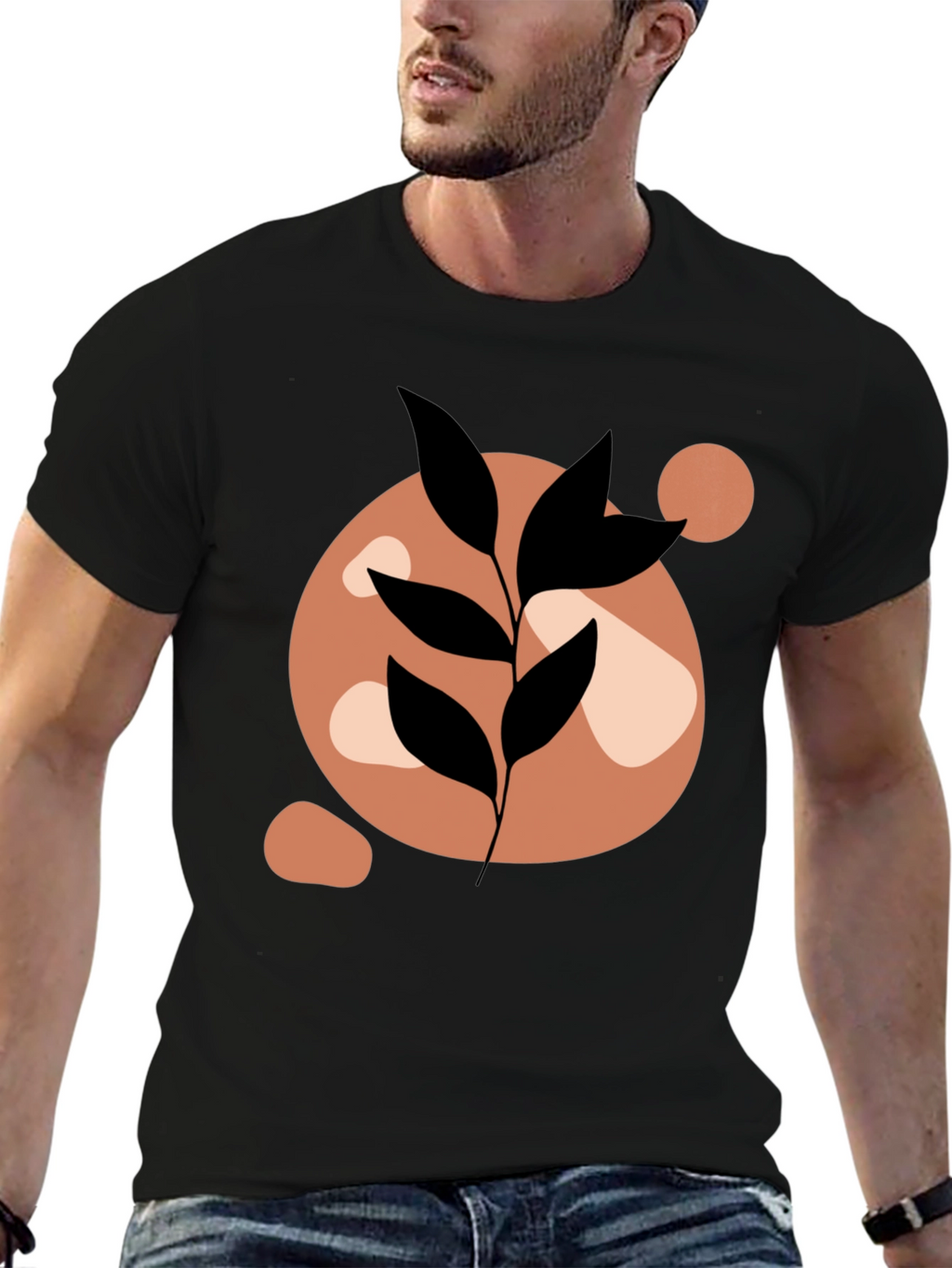 Abstract Leaf Print Black Casual Tee