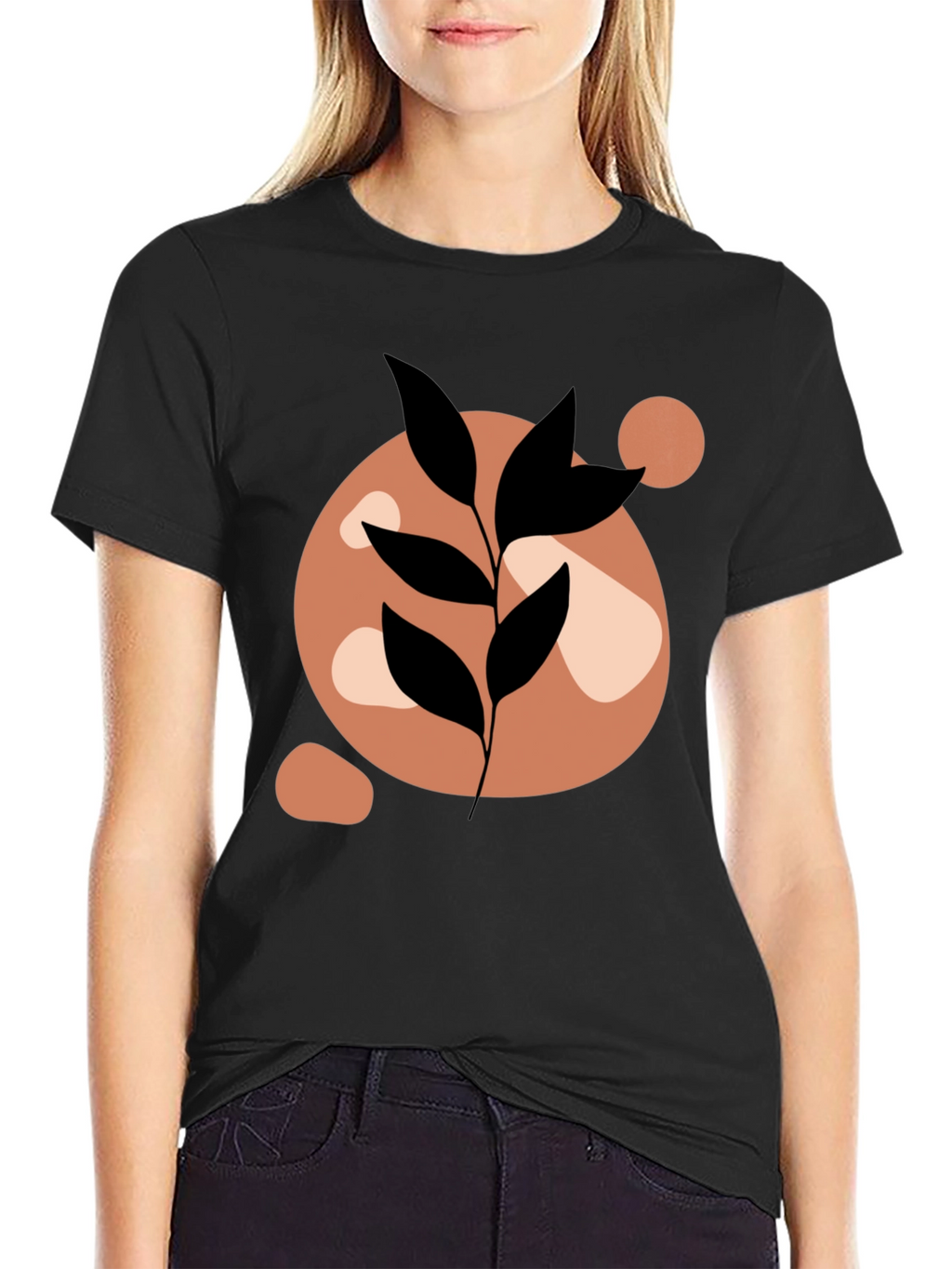 Abstract Leaf Print Black Casual Tee