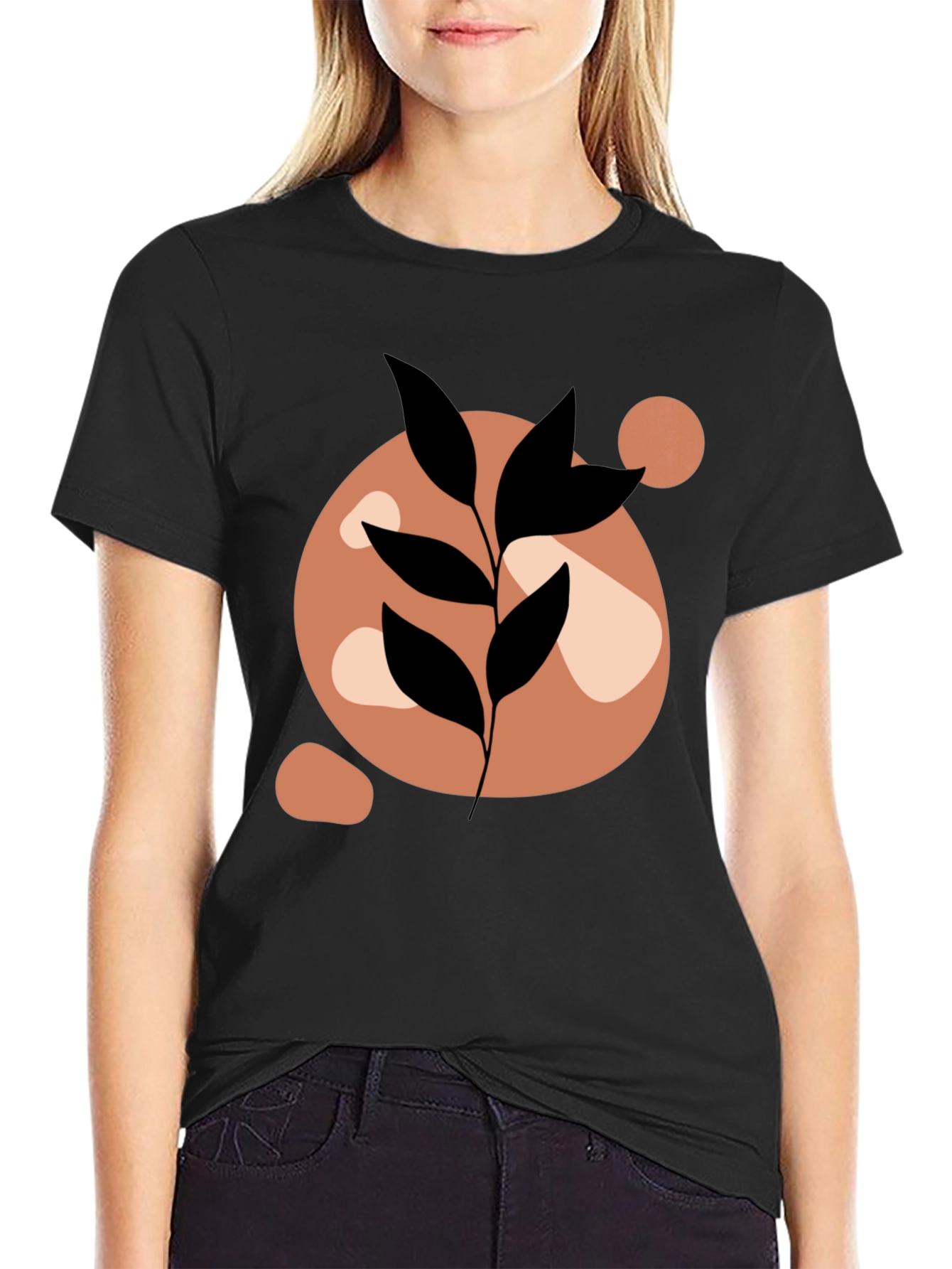 Abstract Leaf Print Black Casual Tee