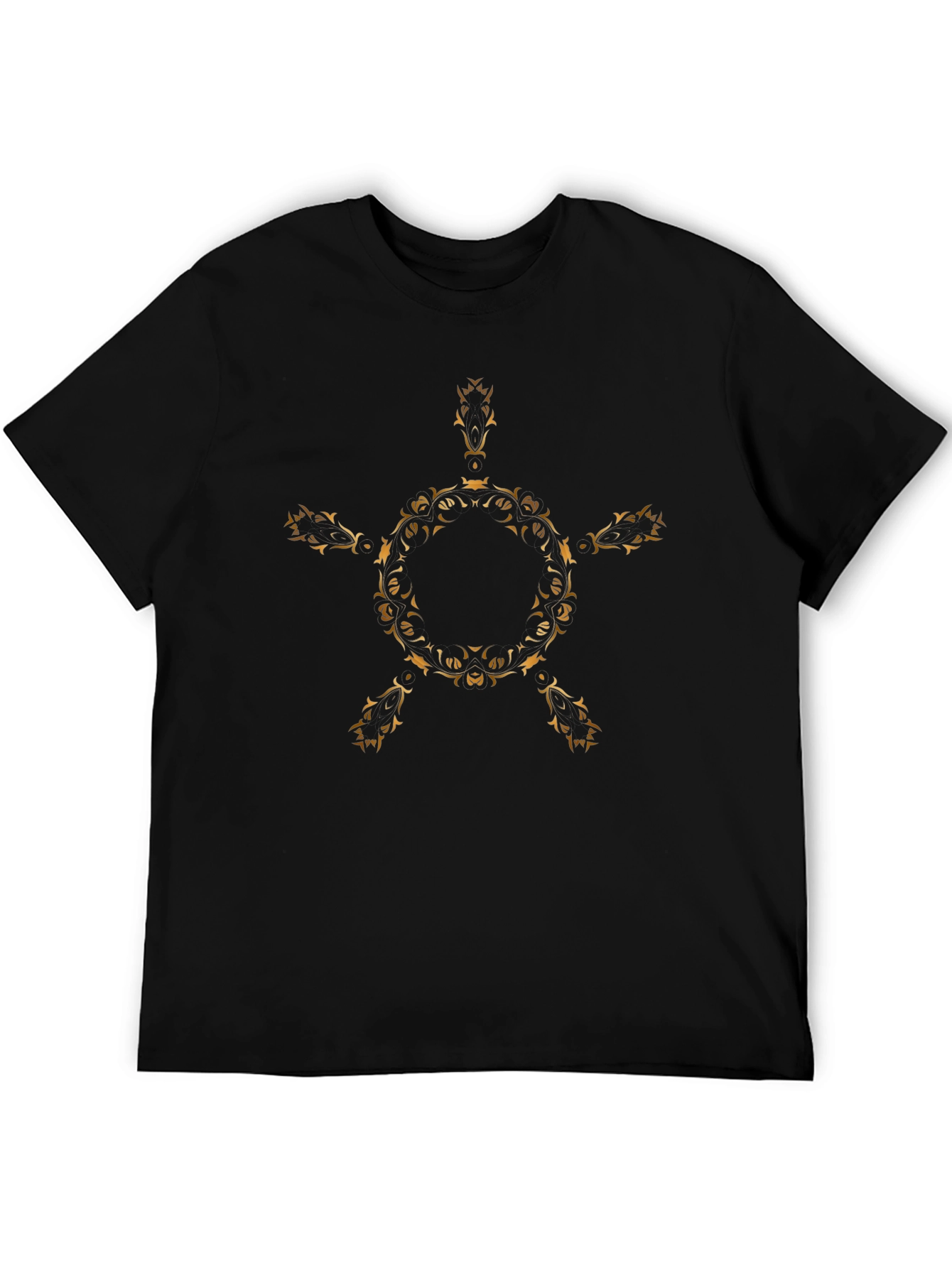 Stylish Black Tee with Gold Floral Geometric Design