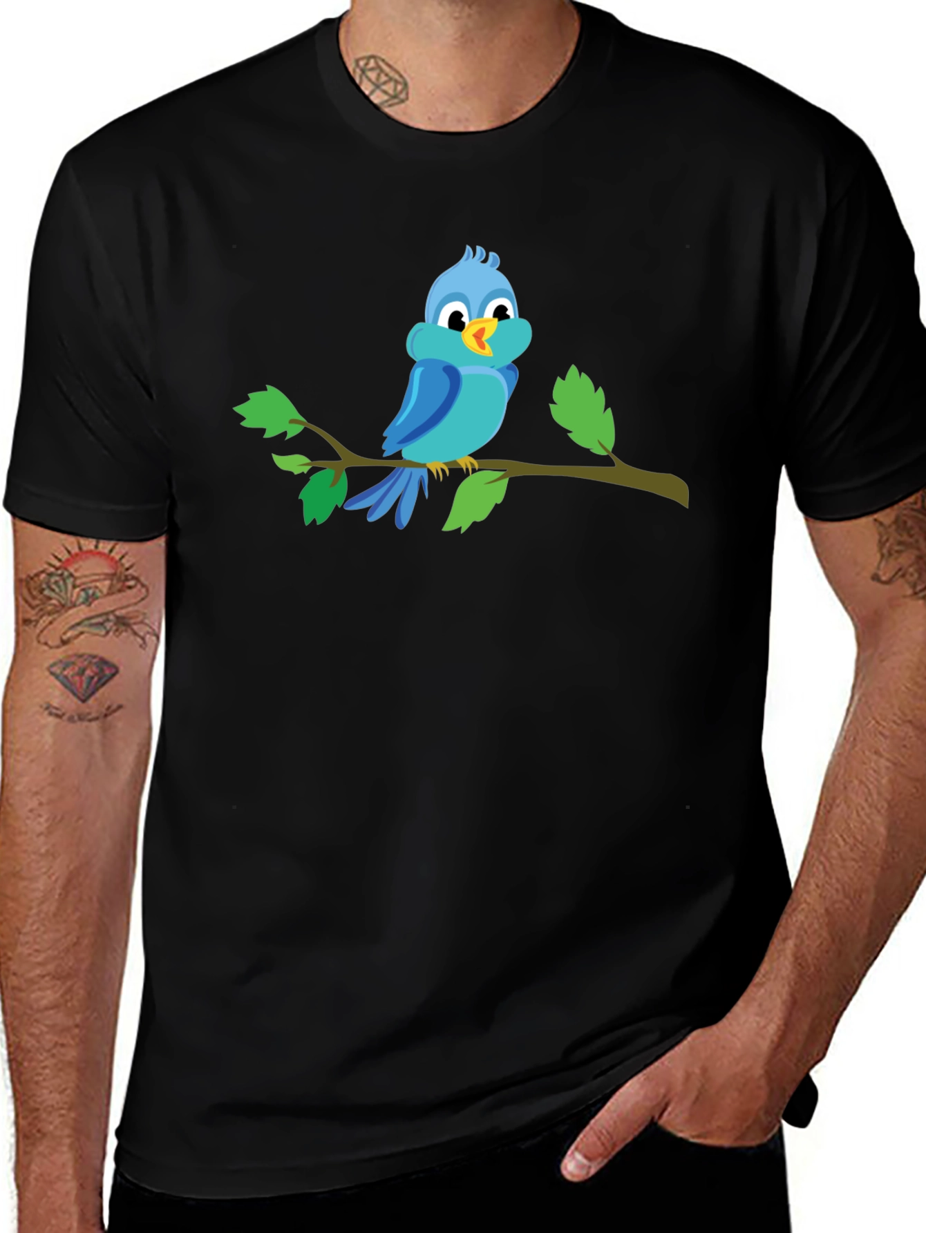 Blue Bird on Branch Black T-Shirt
