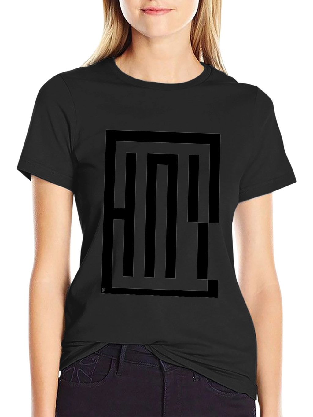 Geometric Maze Graphic Tee - Black Cotton Blend