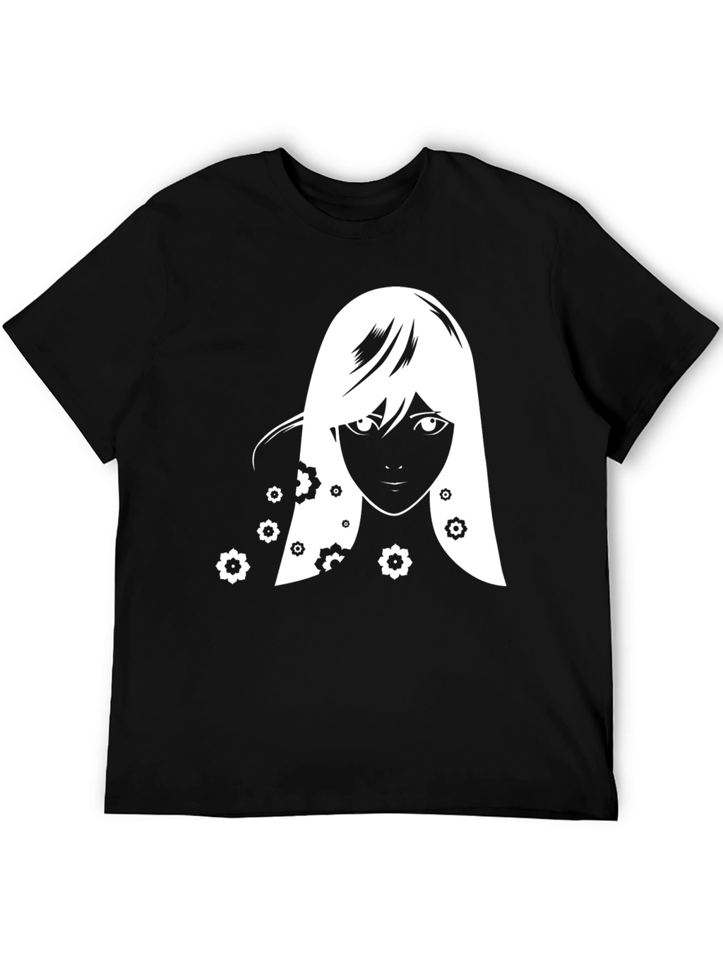 Anime Girl Floral T-Shirt - Black Graphic Tee