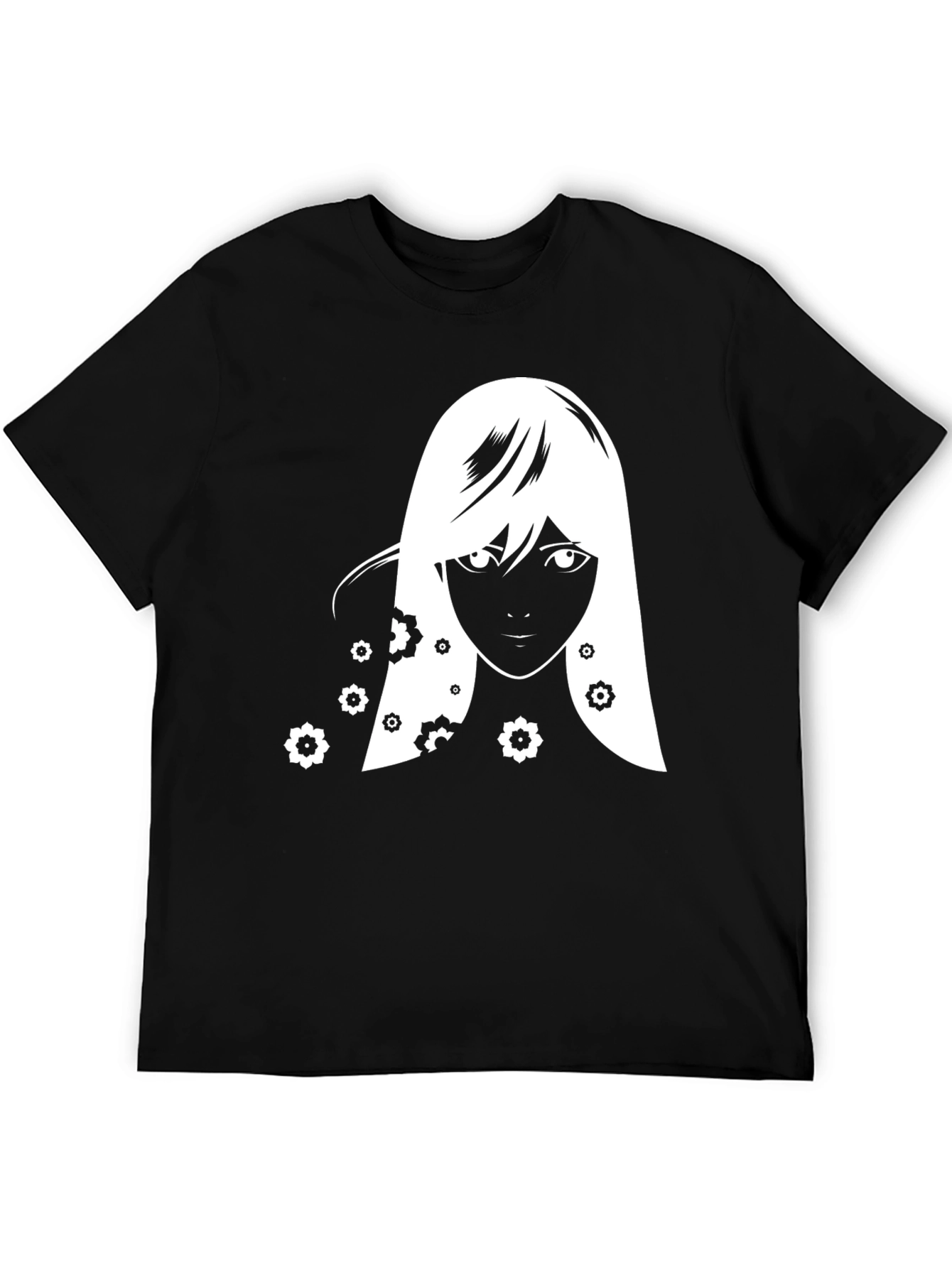 Anime Girl Floral T-Shirt - Black Graphic Tee
