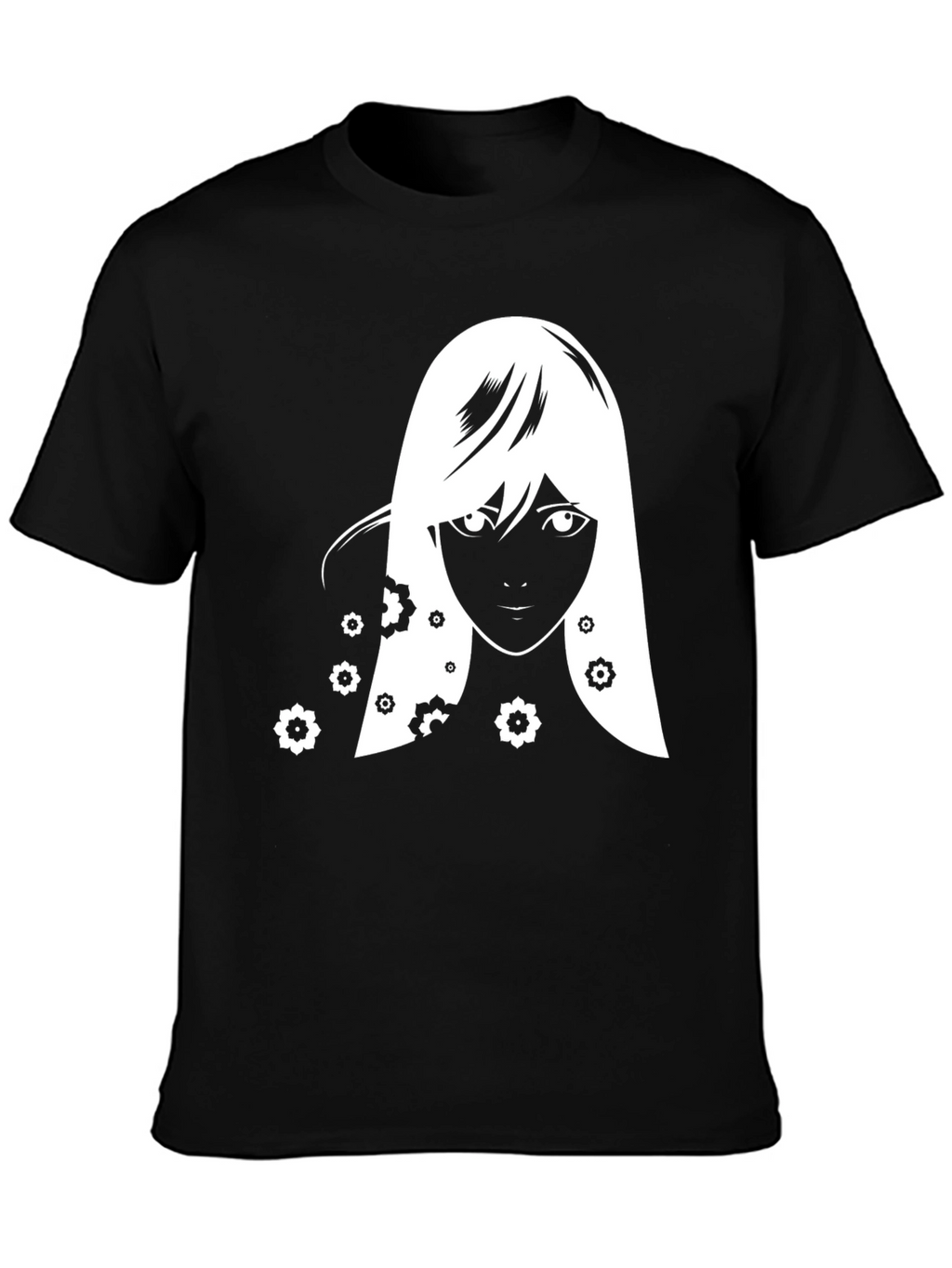 Anime Girl Floral T-Shirt - Black Graphic Tee