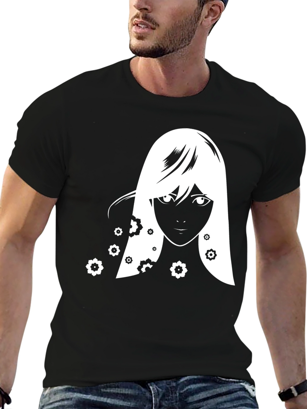 Anime Girl Floral T-Shirt - Black Graphic Tee