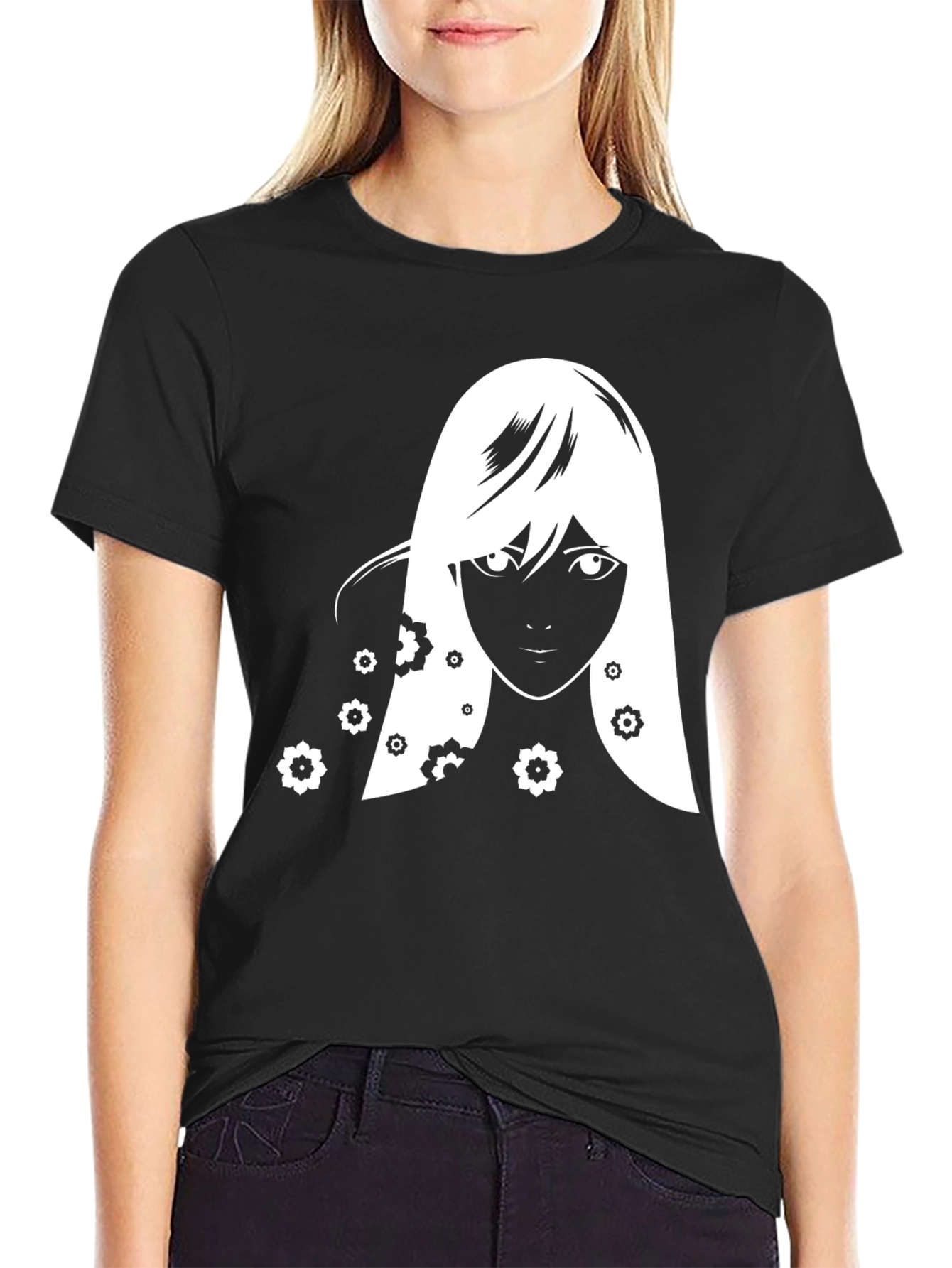 Anime Girl Floral T-Shirt - Black Graphic Tee