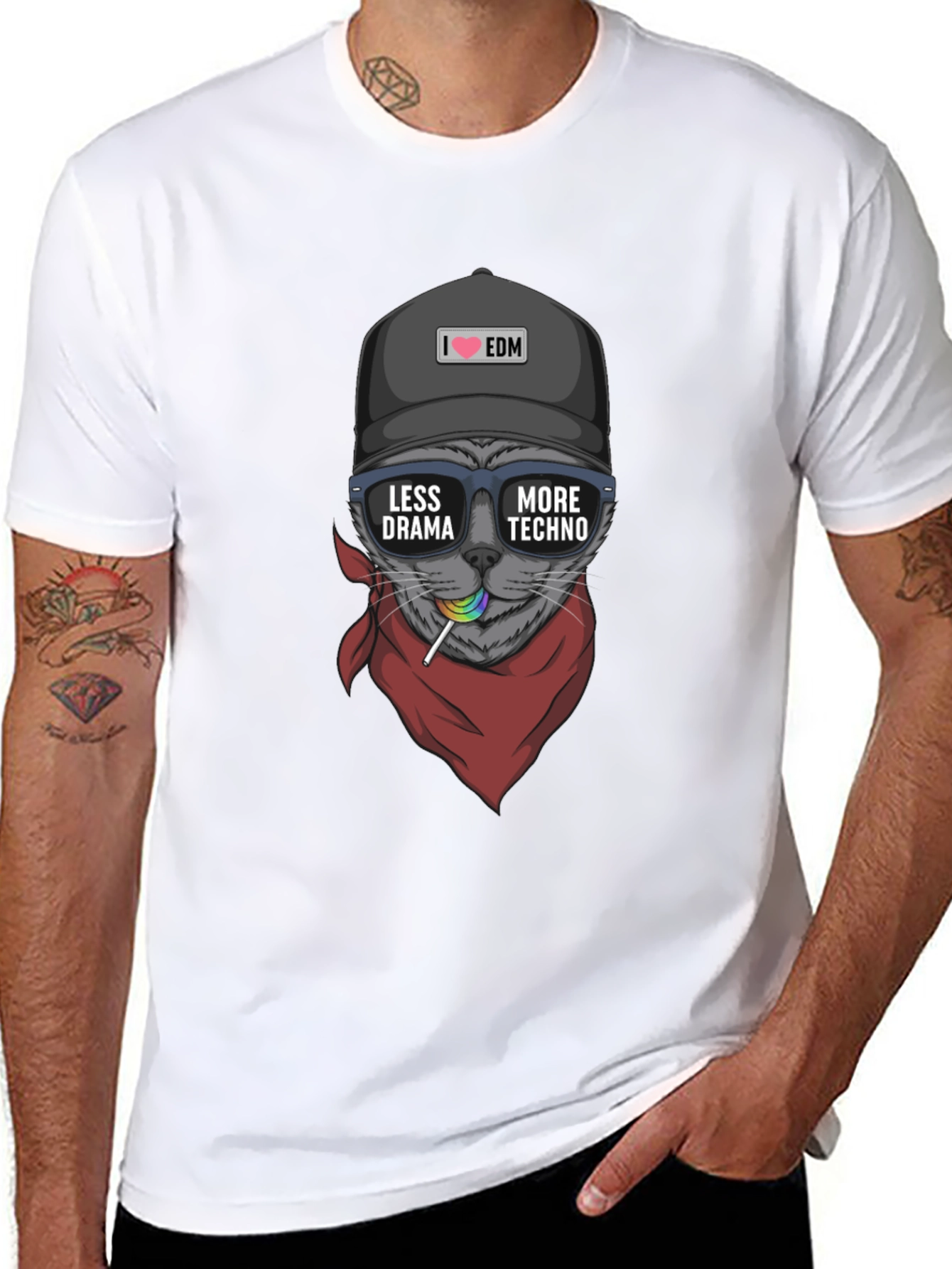 Cool Cat EDM T-Shirt - Less Drama More Techno