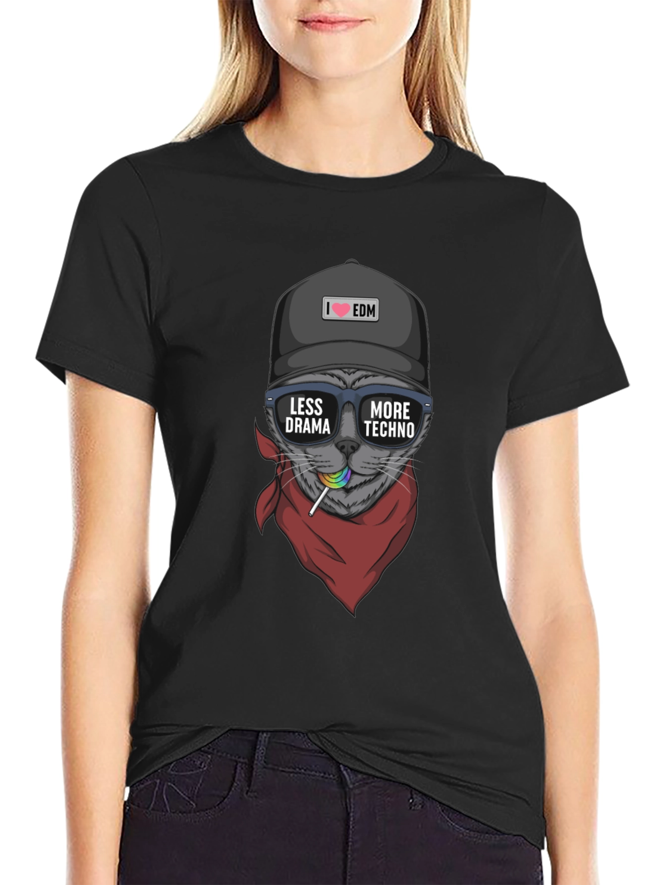 Cool Cat EDM T-Shirt - Less Drama More Techno