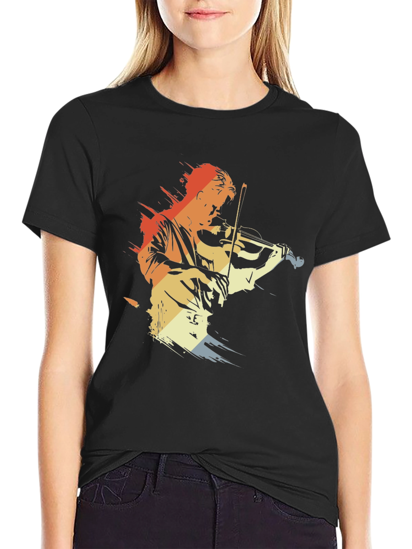 Violinist Retro Graphic Tee - Black Cotton Comfort