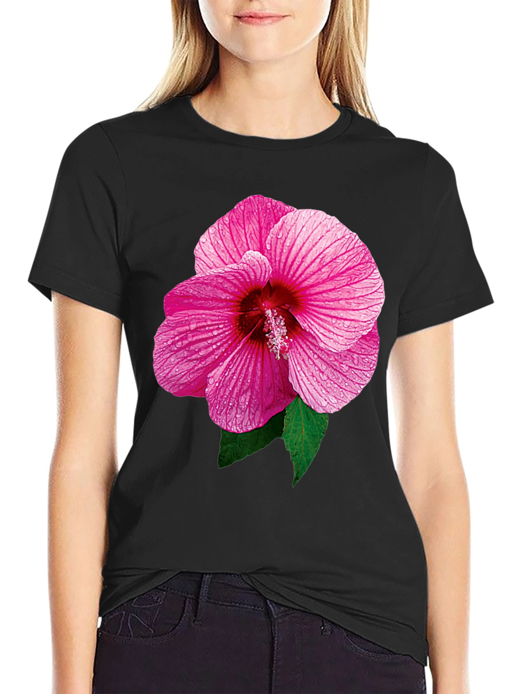 Pink Hibiscus Flower Black T-Shirt
