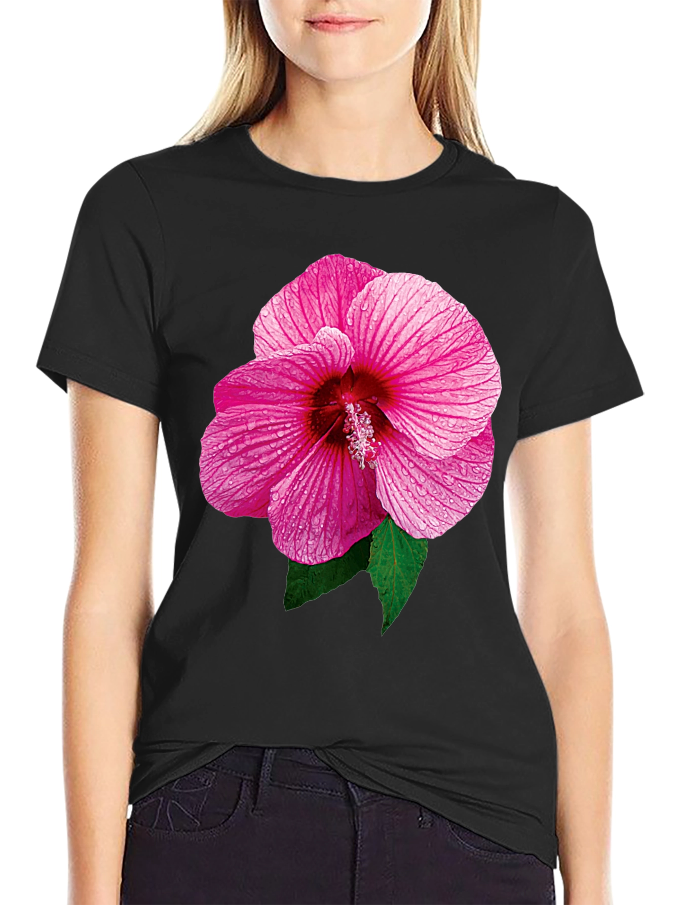 Pink Hibiscus Flower Black T-Shirt