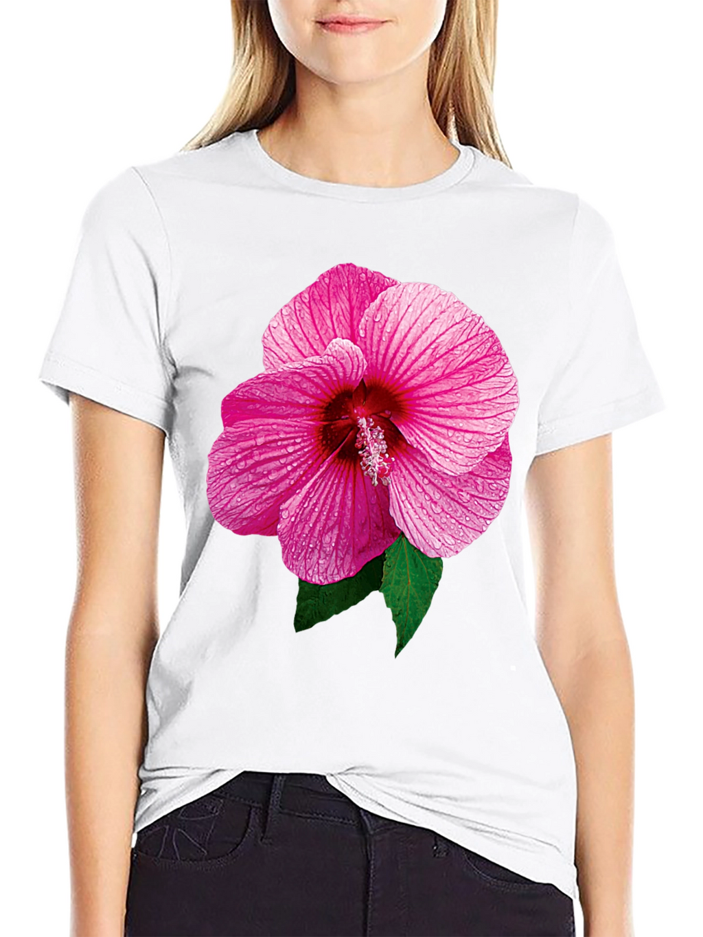 Pink Hibiscus Flower Black T-Shirt