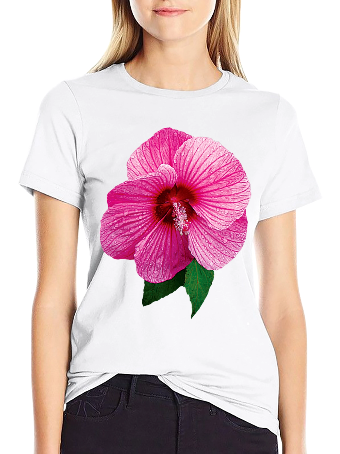 Pink Hibiscus Flower Black T-Shirt