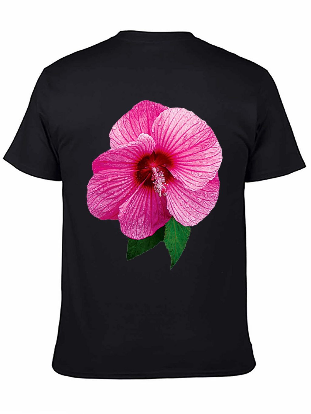 Pink Hibiscus Flower Black T-Shirt