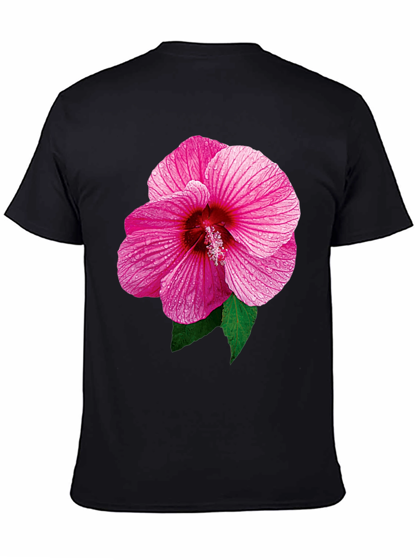 Pink Hibiscus Flower Black T-Shirt