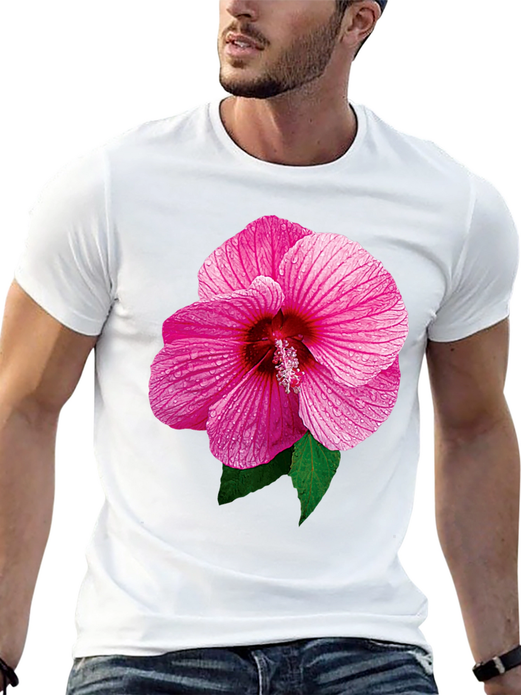 Pink Hibiscus Flower Black T-Shirt