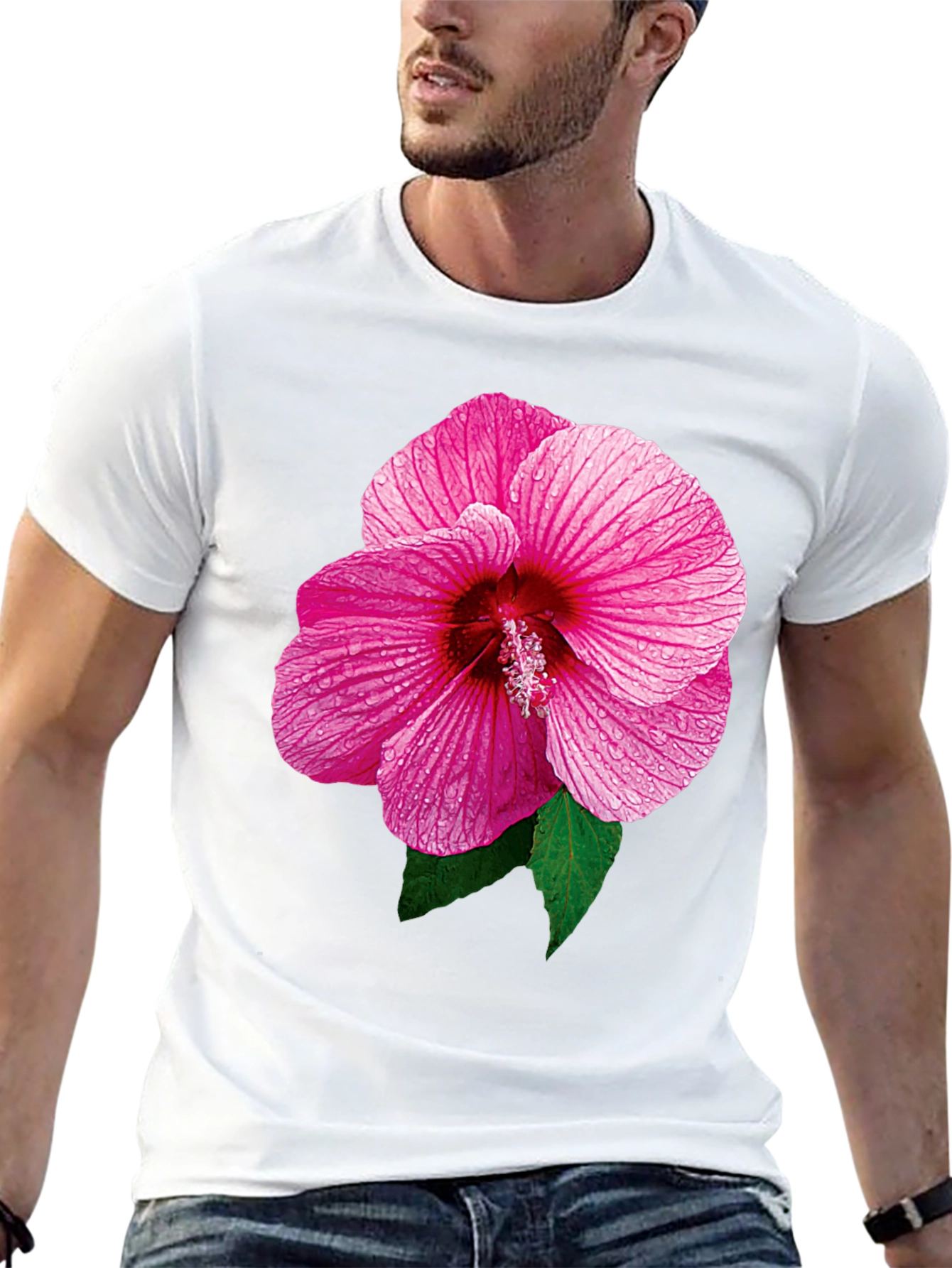Pink Hibiscus Flower Black T-Shirt