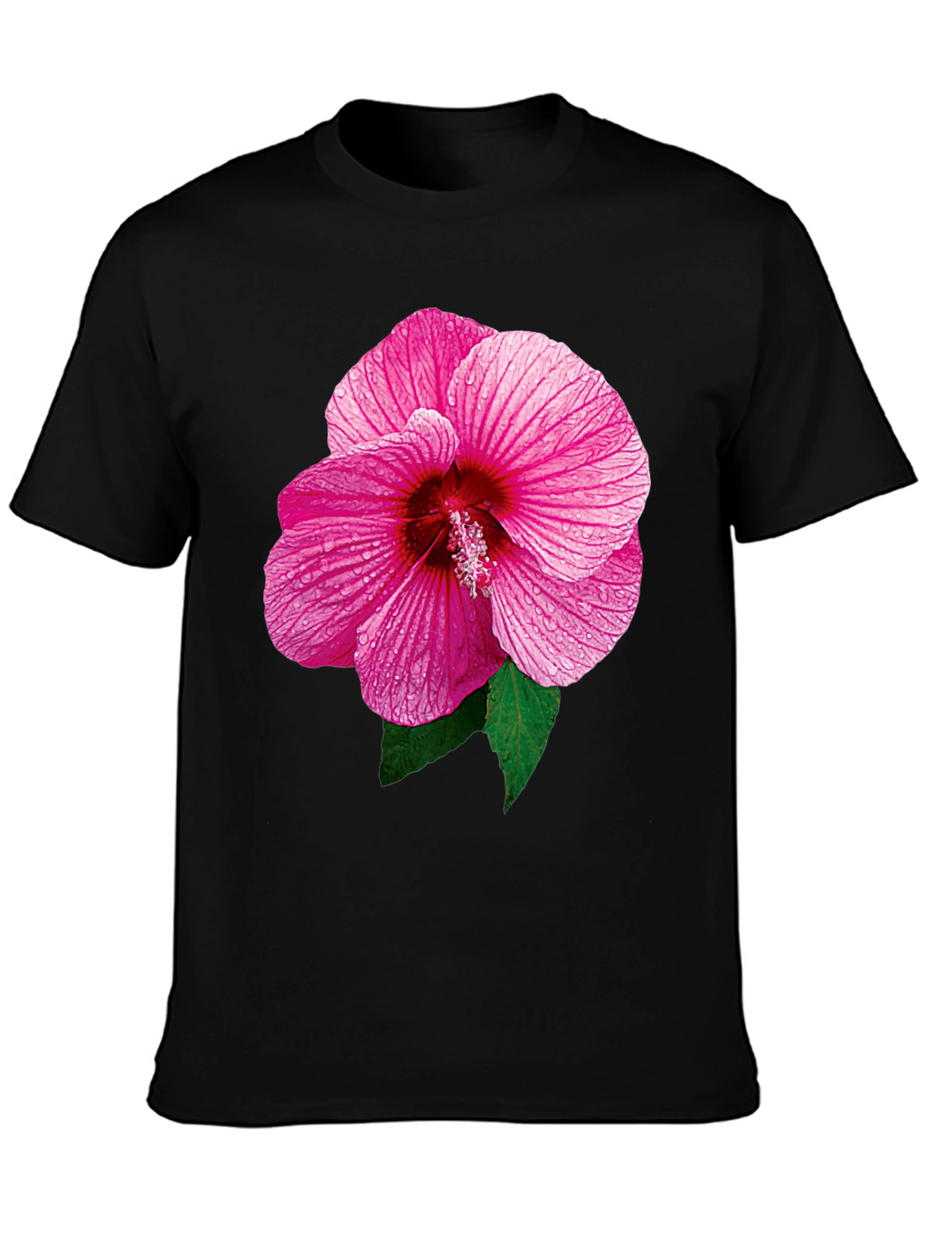 Pink Hibiscus Flower Black T-Shirt