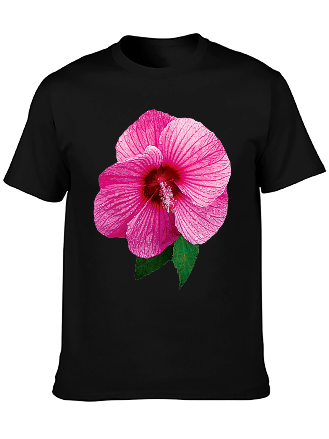 Pink Hibiscus Flower Black T-Shirt