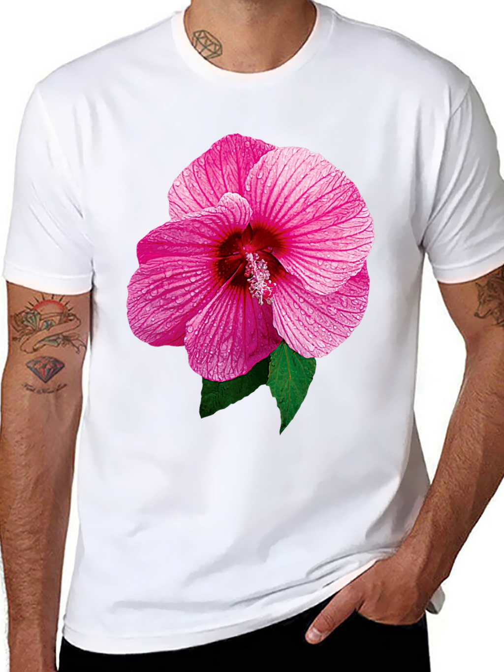Pink Hibiscus Flower Black T-Shirt