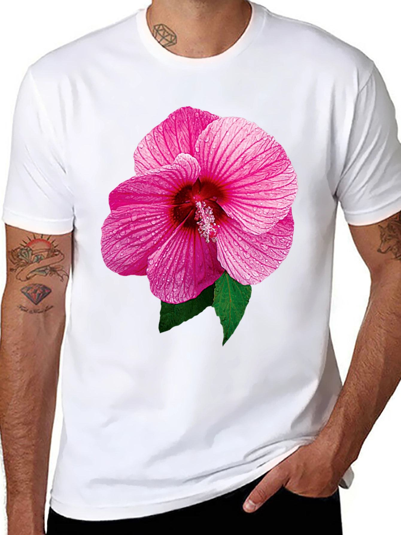Pink Hibiscus Flower Black T-Shirt