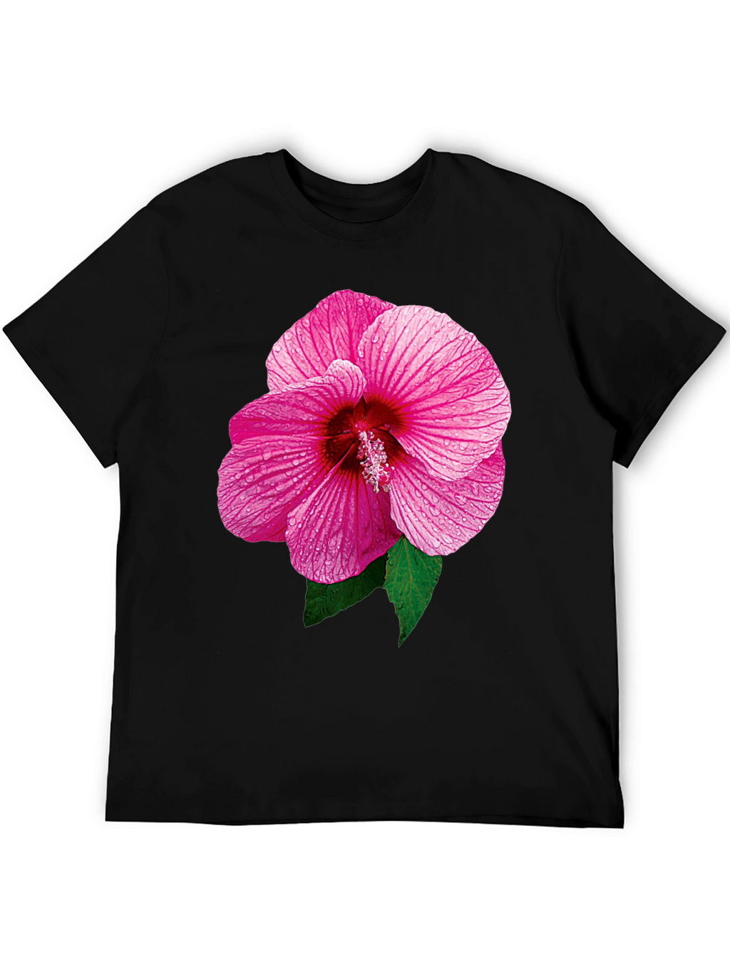 Pink Hibiscus Flower Black T-Shirt