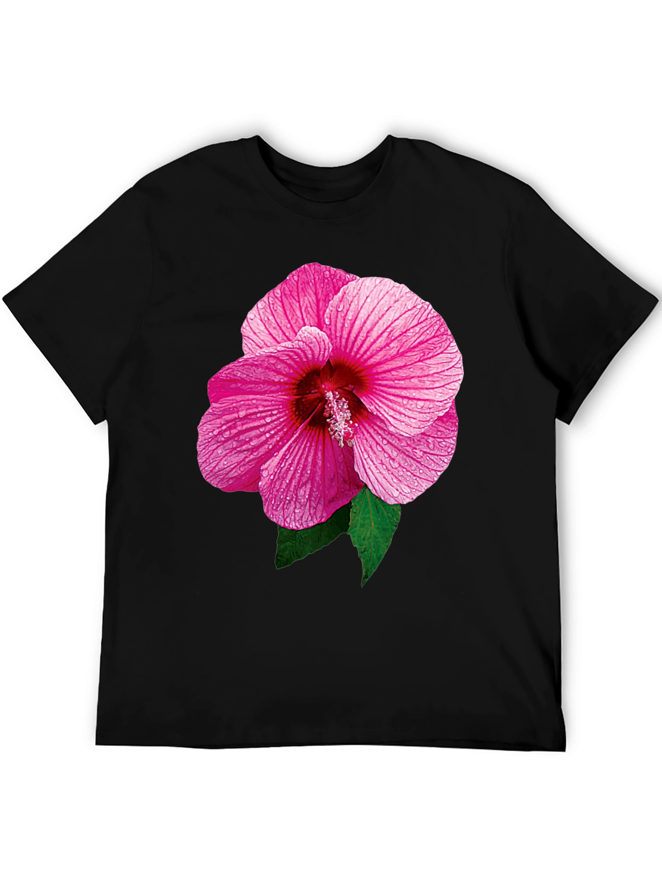 Pink Hibiscus Flower Black T-Shirt