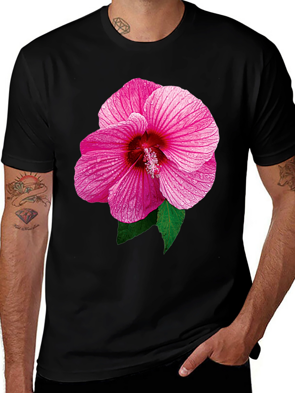 Pink Hibiscus Flower Black T-Shirt