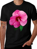 Pink Hibiscus Flower Black T-Shirt