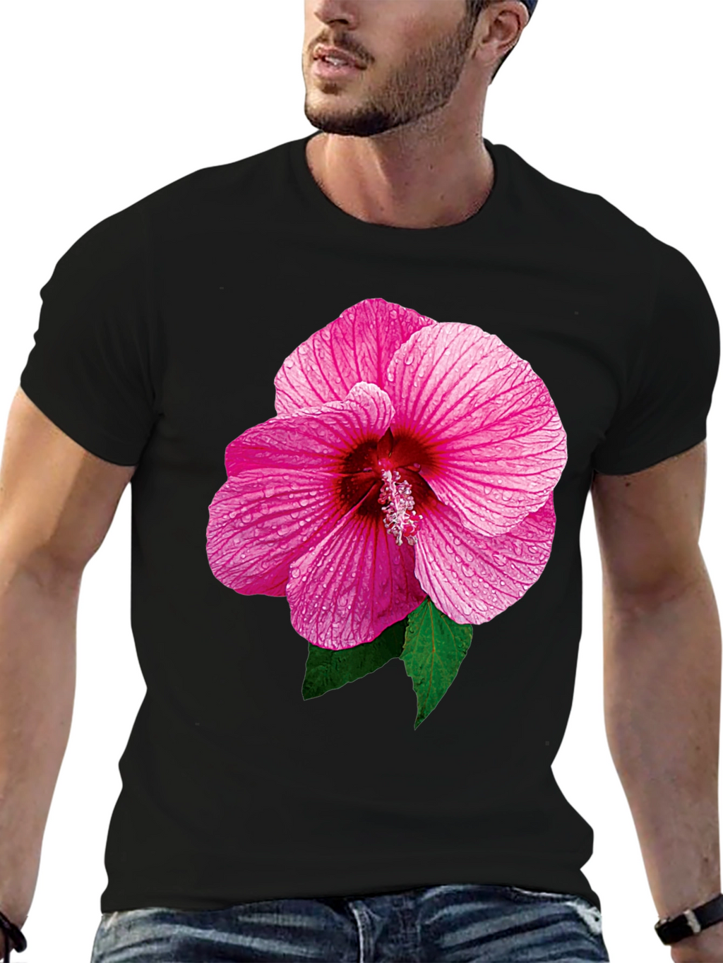 Pink Hibiscus Flower Black T-Shirt