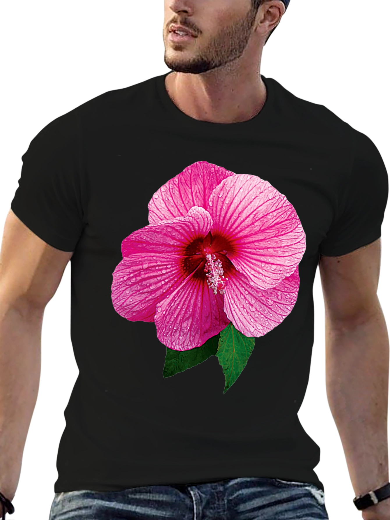 Pink Hibiscus Flower Black T-Shirt
