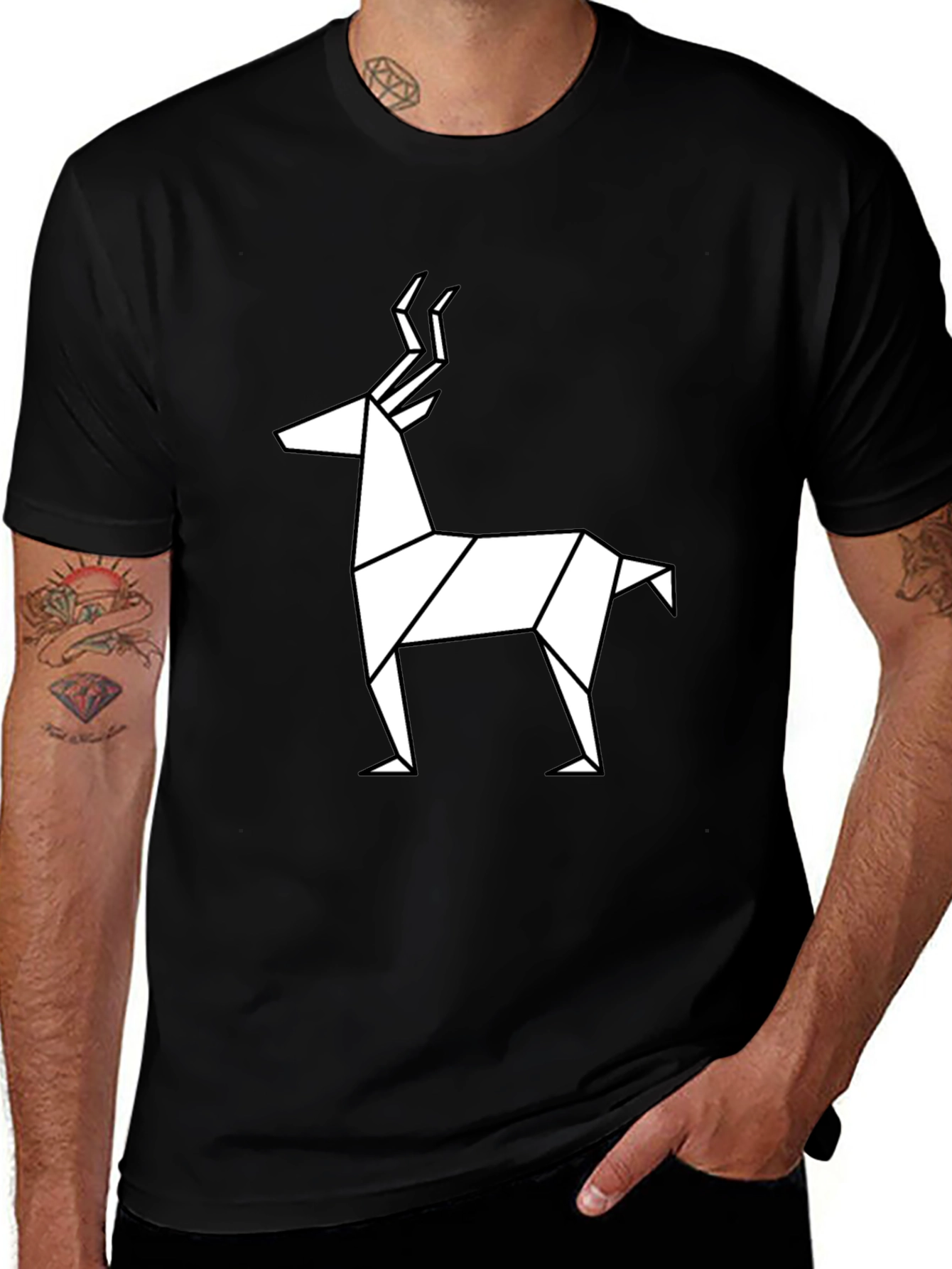 Geometric Deer Graphic Tee - Black Cotton T-Shirt
