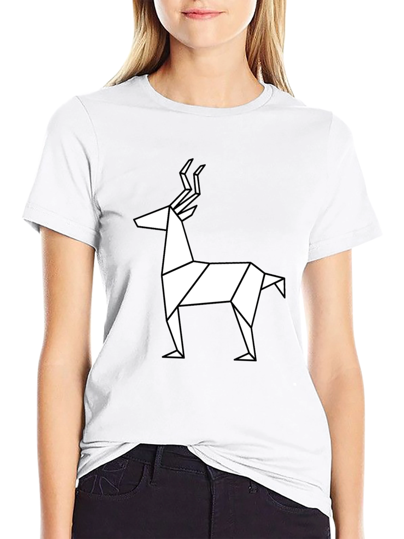 Geometric Deer Graphic Tee - Black Cotton T-Shirt