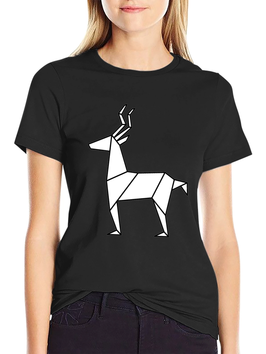 Geometric Deer Graphic Tee - Black Cotton T-Shirt