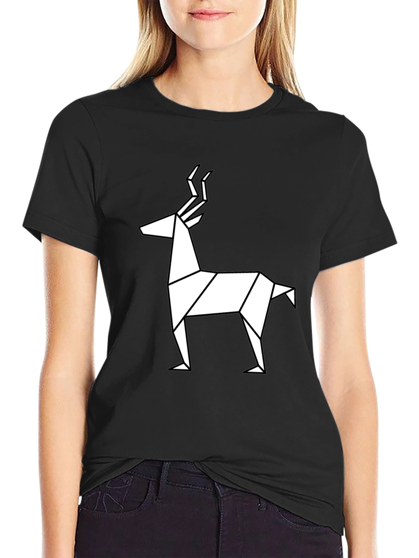 Geometric Deer Graphic Tee - Black Cotton T-Shirt