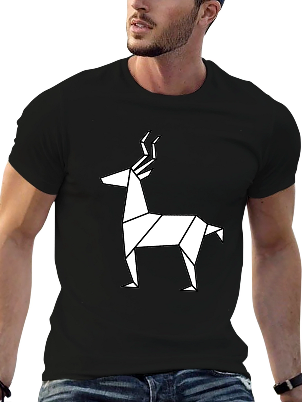 Geometric Deer Graphic Tee - Black Cotton T-Shirt