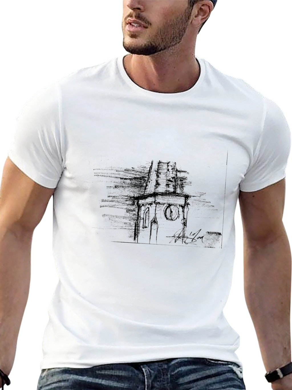 Black Tee with Abstract Church Tower Design
