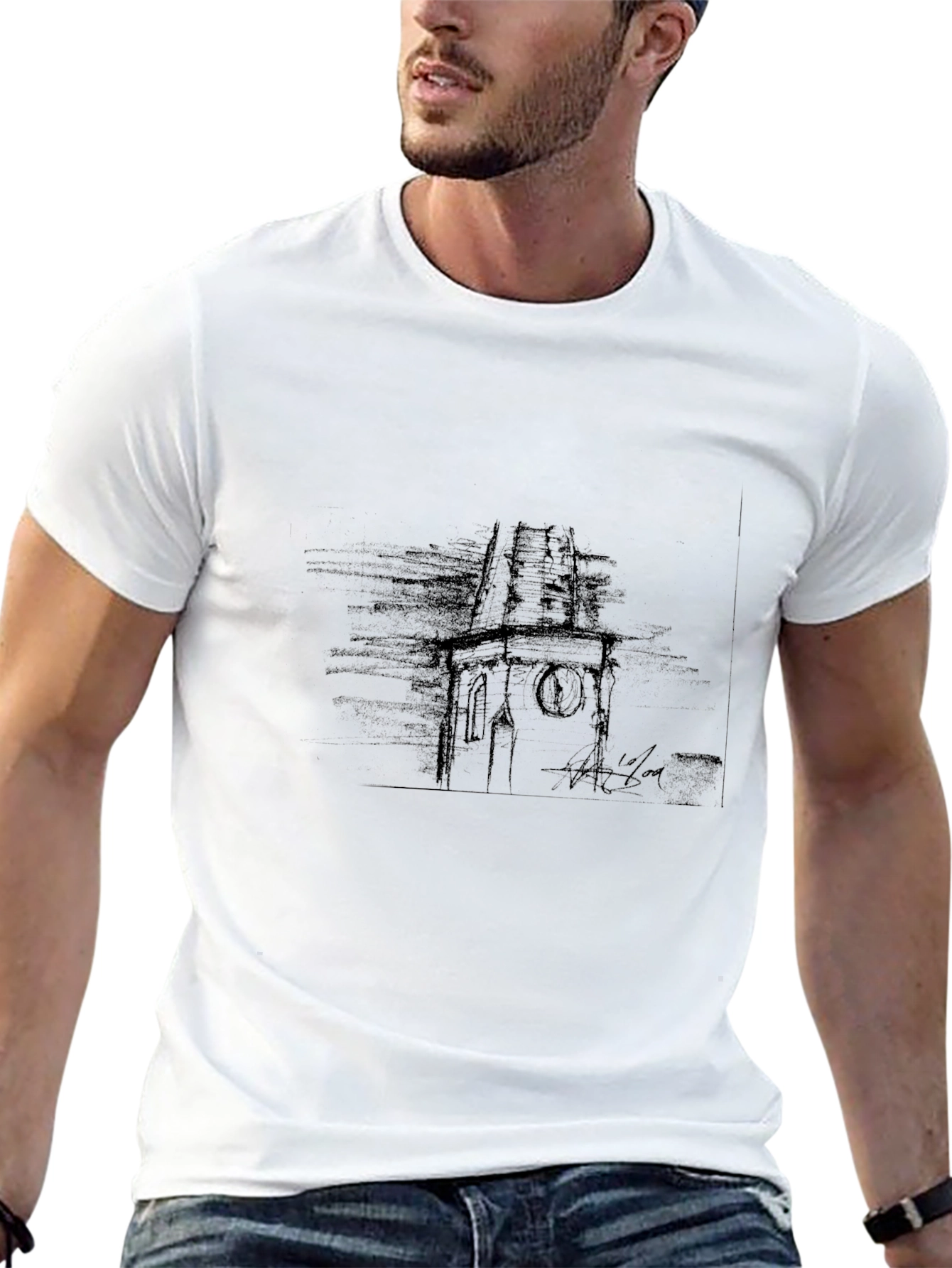 Black Tee with Abstract Church Tower Design