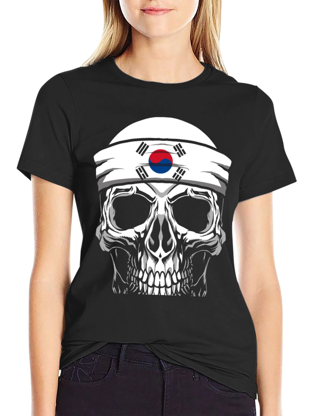 Skull Korea Flag Headband Mens Black T-Shirt