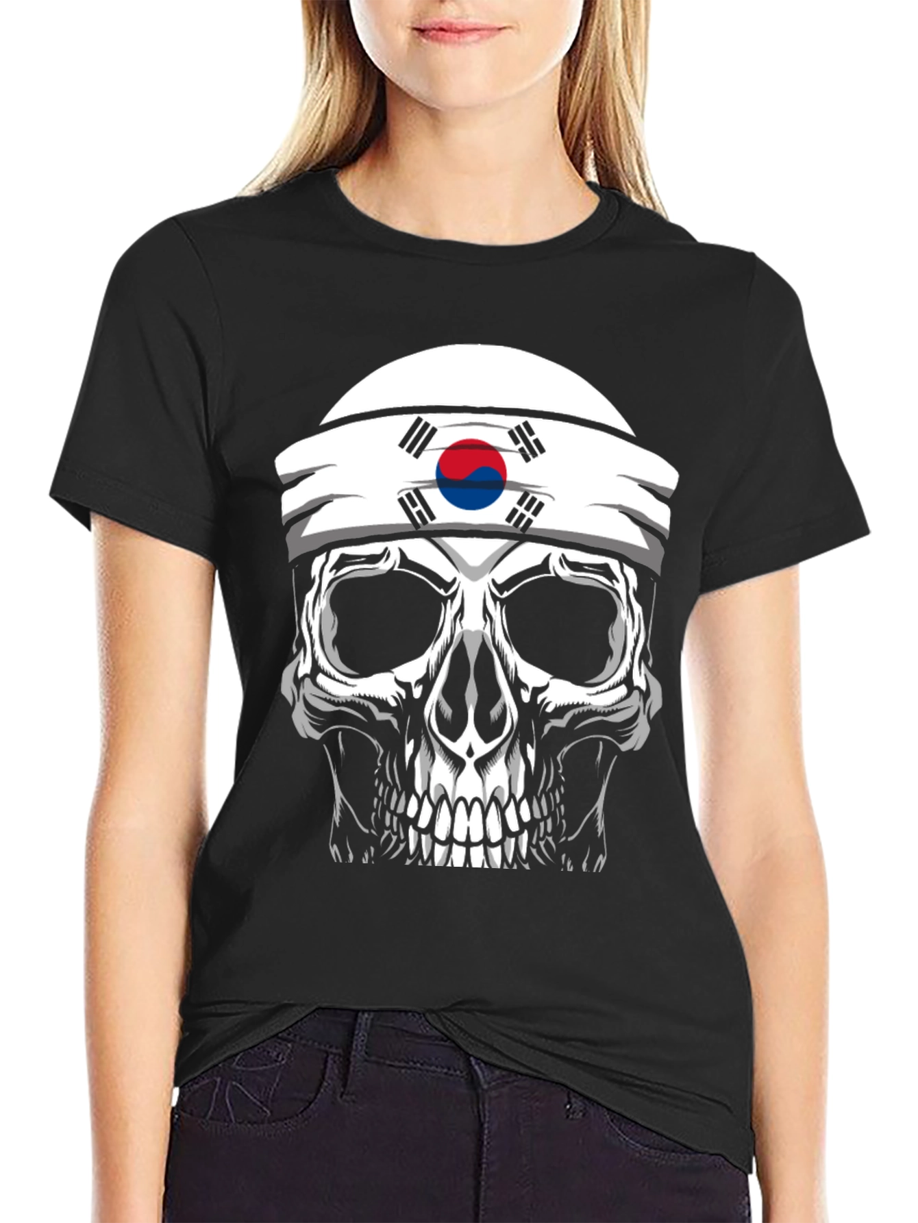 Skull Korea Flag Headband Mens Black T-Shirt