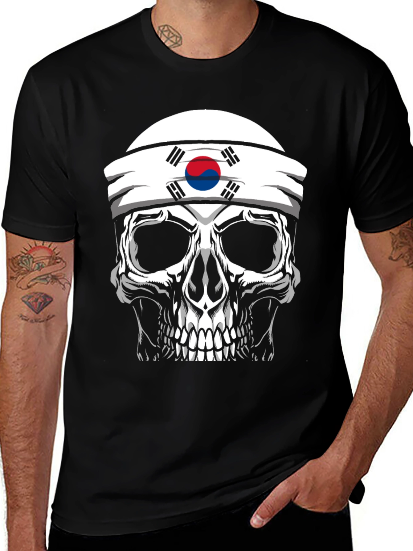 Skull Korea Flag Headband Mens Black T-Shirt