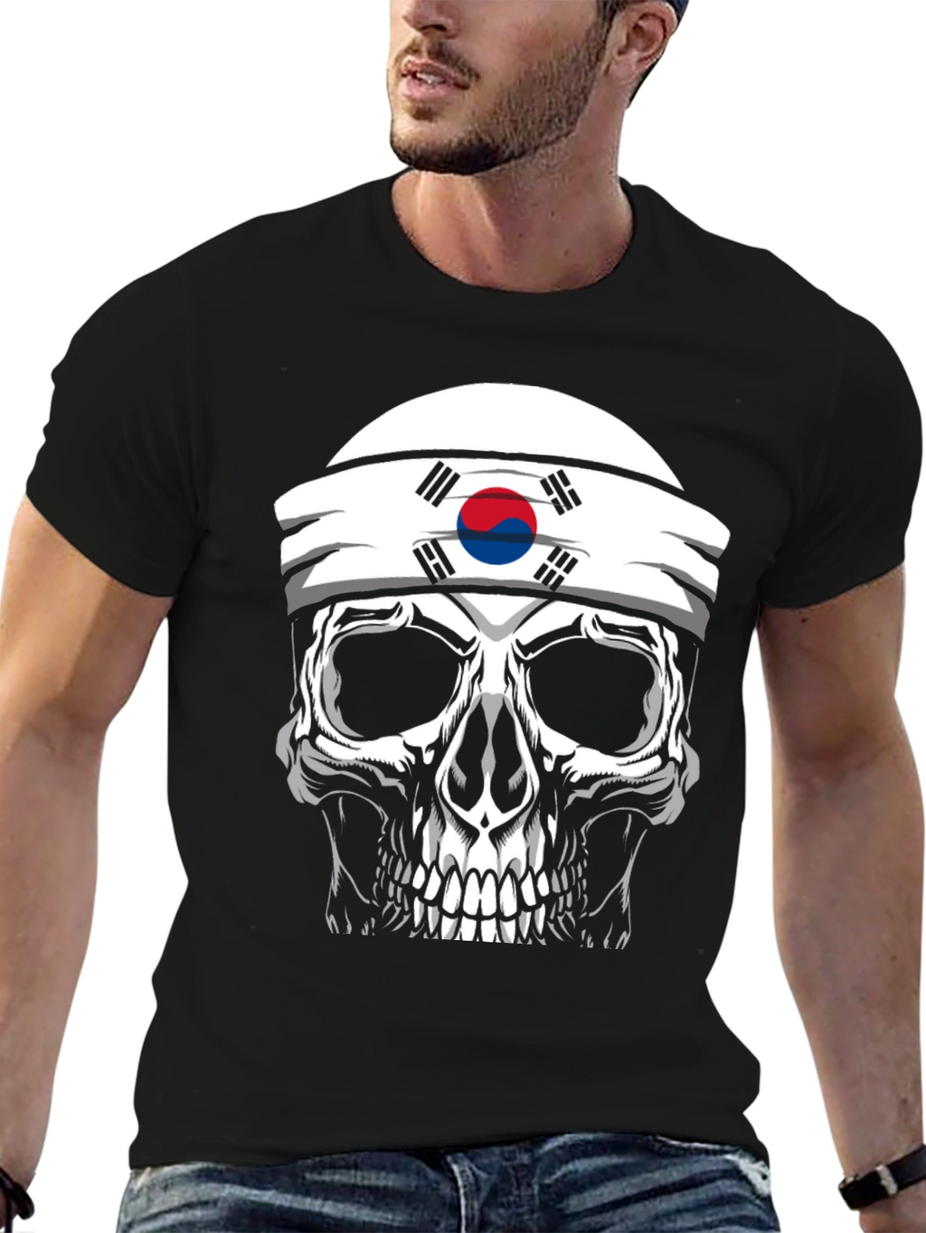 Skull Korea Flag Headband Mens Black T-Shirt