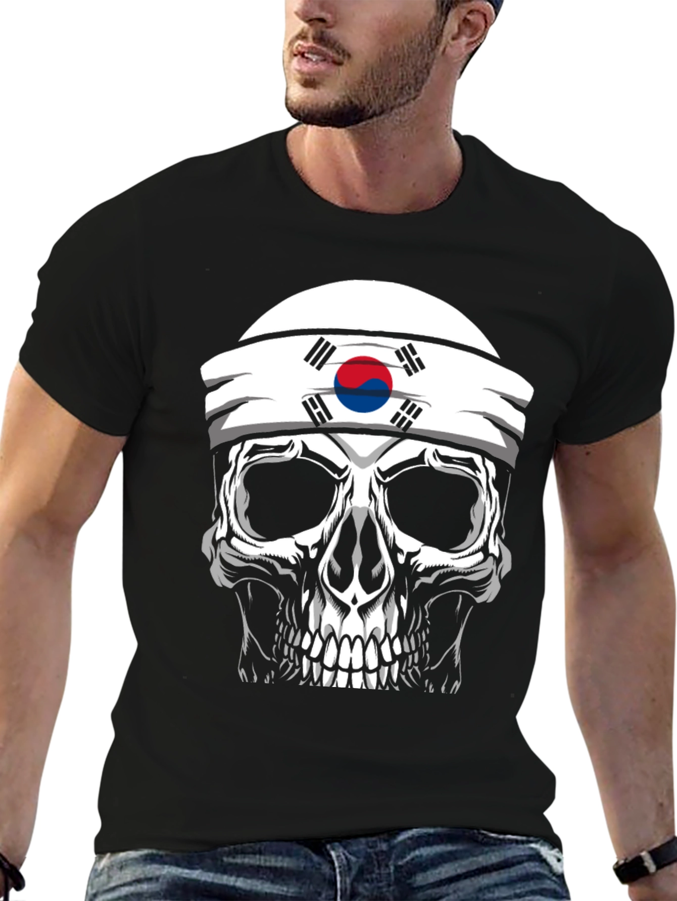 Skull Korea Flag Headband Mens Black T-Shirt
