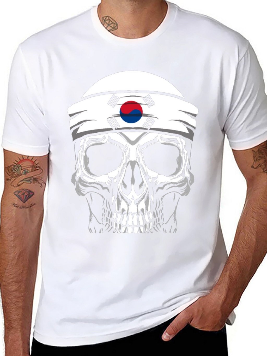 Skull Korea Flag Headband Mens Black T-Shirt