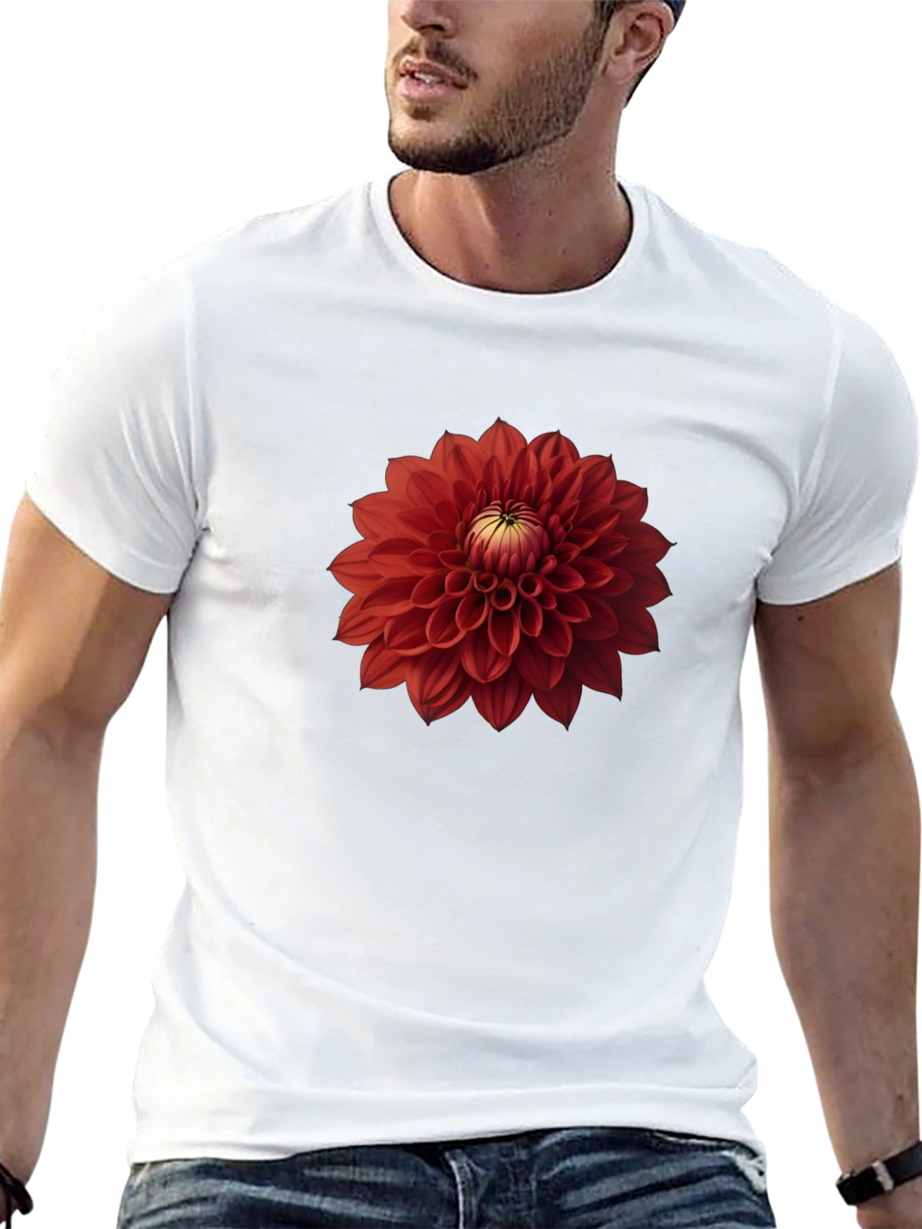 Red Dahlia Flower Graphic Black T-Shirt