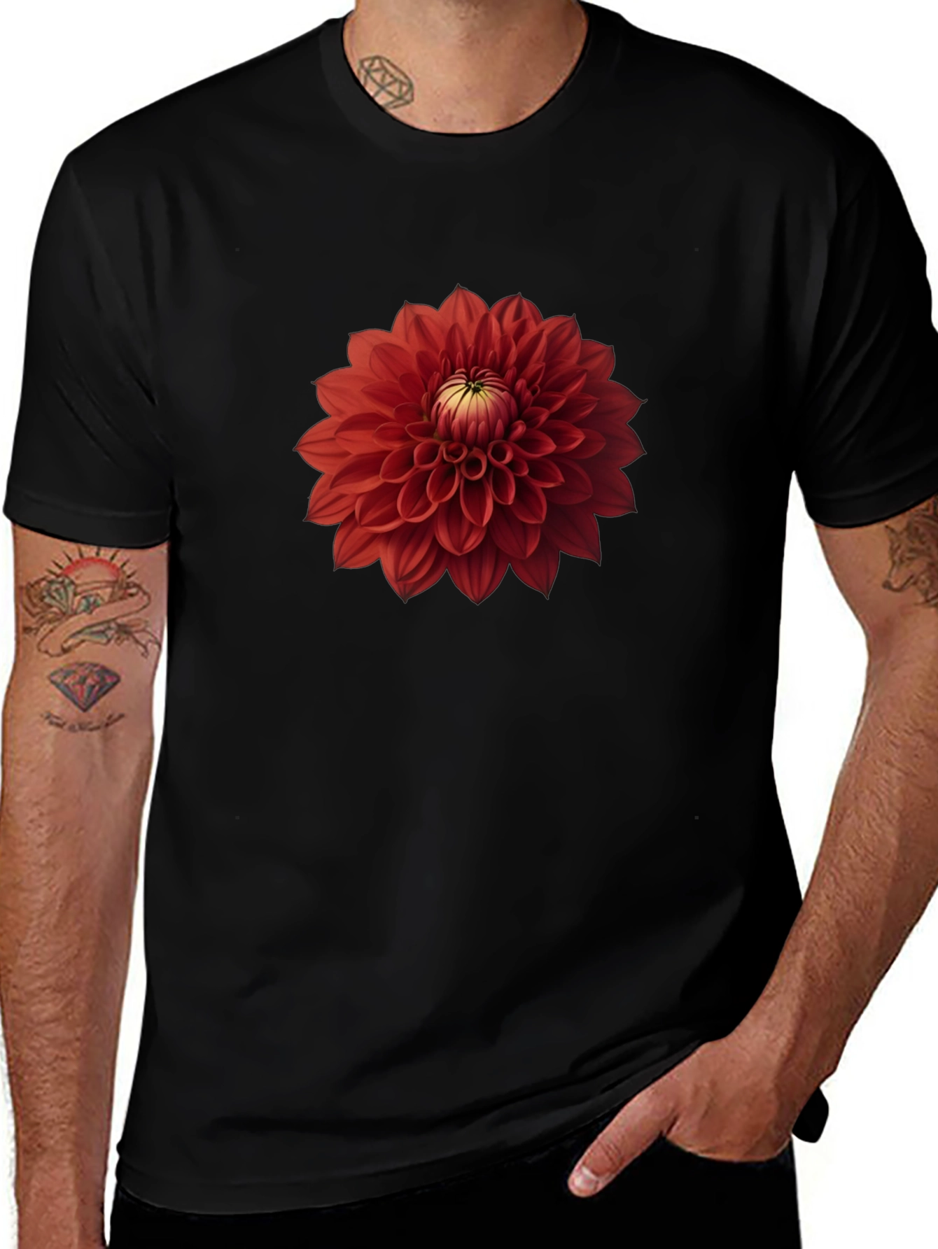 Red Dahlia Flower Graphic Black T-Shirt
