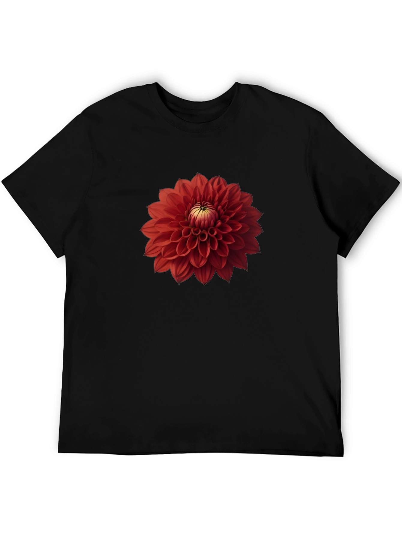 Red Dahlia Flower Graphic Black T-Shirt