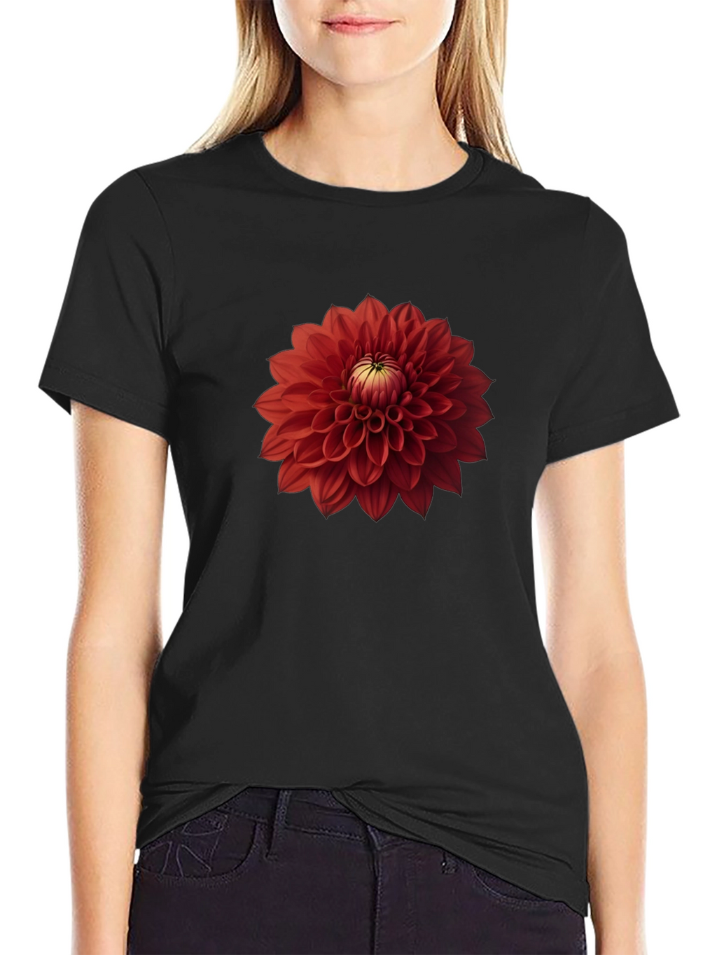 Red Dahlia Flower Graphic Black T-Shirt
